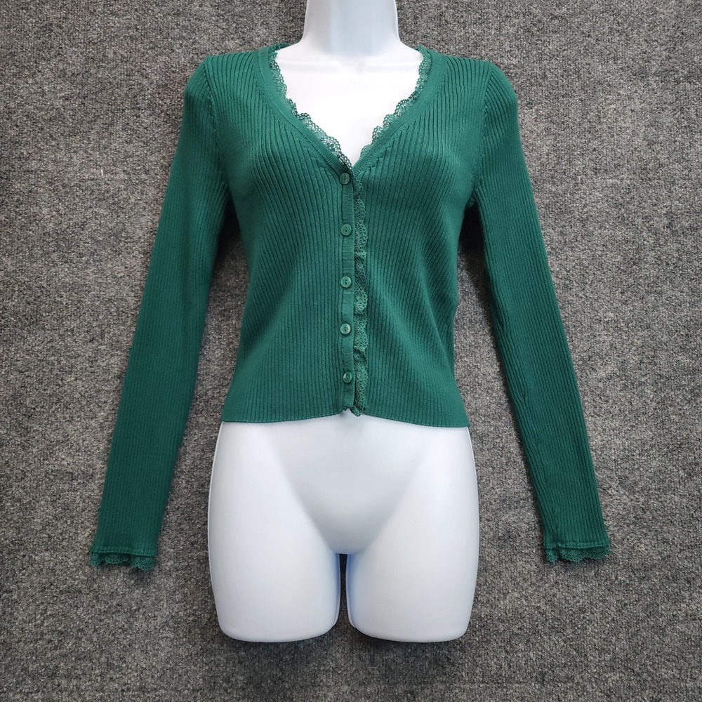 Abercrombie & Fitch Women's Lace Trim Ribbed Cardigan Coquette Cottagecore Fit S